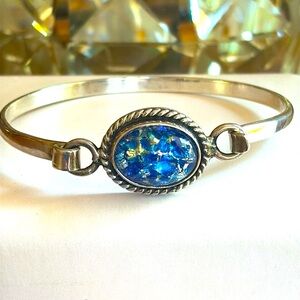 Sterling Silver Oval Blue Art Glass Hook Bangle Bracelet